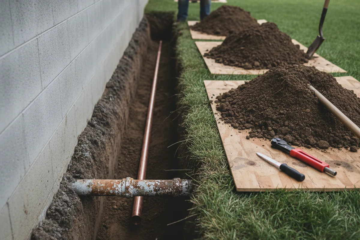 Excavated water line trench during Water Heater Repair in Troy